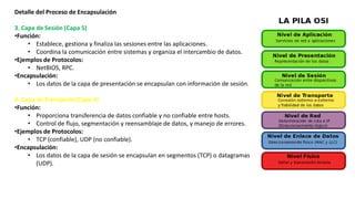Detalle del Proceso de Encapsulación
3. Capa de Sesión (Capa 5)
•Función:
• Establece, gestiona y finaliza las sesiones entre las aplicaciones.
• Coordina la comunicación entre sistemas y organiza el intercambio de datos.
•Ejemplos de Protocolos:
• NetBIOS, RPC.
•Encapsulación:
• Los datos de la capa de presentación se encapsulan con información de sesión.
4. Capa de Transporte (Capa 4)
•Función:
• Proporciona transferencia de datos confiable y no confiable entre hosts.
• Control de flujo, segmentación y reensamblaje de datos, y manejo de errores.
•Ejemplos de Protocolos:
• TCP (confiable), UDP (no confiable).
•Encapsulación:
• Los datos de la capa de sesión se encapsulan en segmentos (TCP) o datagramas
(UDP).
 