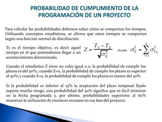 PROBABILIDAD DE CUMPLIMIENTO DE LA
PROGRAMACIÓN DE UN PROYECTO
Para calcular las probabilidades debemos saber cómo se comportan los tiempos.
Utilizando conceptos estadísticos, se afirma que estos tiempos se comportan
según una función normal de distribución:
Cuando el estadístico Z tiene un valor igual a 0, la probabilidad de cumplir los
plazos es del 50%,; cuando Z>0, la probabilidad de cumplir los plazos es superior
al 50%; y cuando Z<0, la probabilidad de cumplir los plazos es menor del 50%.
Si la probabilidad es inferior al 25% la aceptación del plazo temporal fijado
supone mucho riesgo, una probabilidad del 50% significa que es fácil terminar
en la fecha programada y, por último, probabilidades superiores al 60%
muestran la utilización de excesivos recursos en esa fase del proyecto.
Ts es el tiempo objetivo, es decir aquel
tiempo en el que pretendemos llegar a un
acontecimiento determinado.
 