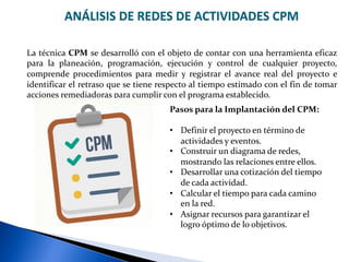 ANÁLISIS DE REDES DE ACTIVIDADES CPM
La técnica CPM se desarrolló con el objeto de contar con una herramienta eficaz
para la planeación, programación, ejecución y control de cualquier proyecto,
comprende procedimientos para medir y registrar el avance real del proyecto e
identificar el retraso que se tiene respecto al tiempo estimado con el fin de tomar
acciones remediadoras para cumplir con el programa establecido.
Pasos para la Implantación del CPM:
• Definir el proyecto en término de
actividades y eventos.
• Construir un diagrama de redes,
mostrando las relaciones entre ellos.
• Desarrollar una cotización del tiempo
de cada actividad.
• Calcular el tiempo para cada camino
en la red.
• Asignar recursos para garantizar el
logro óptimo de lo objetivos.
 
