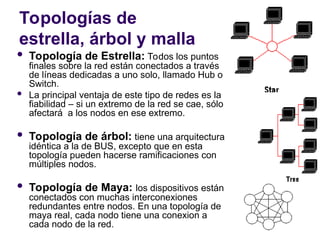 Topologías de
estrella, árbol y malla
 Topología de Estrella: Todos los puntos
finales sobre la red están conectados a través
de líneas dedicadas a uno solo, llamado Hub o
Switch.
 La principal ventaja de este tipo de redes es la
fiabilidad – si un extremo de la red se cae, sólo
afectará a los nodos en ese extremo.
 Topología de árbol: tiene una arquitectura
idéntica a la de BUS, excepto que en esta
topología pueden hacerse ramificaciones con
múltiples nodos.
 Topología de Maya: los dispositivos están
conectados con muchas interconexiones
redundantes entre nodos. En una topología de
maya real, cada nodo tiene una conexion a
cada nodo de la red.
 