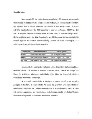 12
Considerações
A tecnologia 3G é a evolução das redes 2G e 2.5G, se caracterizam pela
transmissão de dados em alta velocidade. Na rede 3G, as operadoras transmitem
voz e dados dentro de um sprectum de freqüência mais amplo entre 1,9 GHz e
2,1 GHz. Nas telefonias 2G e 2.5G os celulares operam na faixa de 900 MHz e 1.8
MHz e atingem taxas de transmissão de até 384 Kbps, usando tecnologia EDGE
(Enhanced Data rastes for GSM Evolution) e até 85 Kbps, usando tecnologia GPRS
(Global System for Móbile Commucation) utilizam as duas tecnologias, e a
velocidade alcançada depende do aparelho.
Tecnologia Taxa de download Taxa de upload
GPRS de 60 kbps a 80 kbps de 20 kbps a 40 kbps
EDGE de 177,6 kbps a 384 kbps de 59,2 kbps a 118,4 kbps
WCDMA de 384 kbps a 5,7 Mbps de 144 kbsp a 384 kbps
As velocidades alcançadas na tabela acima dependem da localização do
terminal celular. Em ambientes móveis, como no carro, a rede 3G atinge 144
Kbps. Em ambientes abertos, a velocidade é 384 Kbps ou é possível atingir a
velocidade máxima da tecnologia.
A principal característica é também o maior beneficio da terceira
geração de telefonia é a velocidade. As redes 3G garantem uma velocidade de
transmissão de dados até 15 vezes mais do que as atuais (Ribeiro, 2005). A rede
3G oferece capacidade de roaming por toda Europa, Japão e Estados Unidos,
onde a tecnologia tem uso há mais tempo que no Brasil.
 