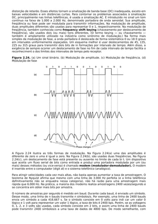 distorção de retardo. Esses efeitos tornam a sinalização de banda base (DC) inadequada, exceto em
baixas velocidades e em distâncias curtas. Para contornar os problemas associados à sinalização
DC, principalmente nas linhas telefônicas, é usada a sinalização AC. É introduzido no sinal um tom
contínuo na faixa de 1.000 a 2.000 Hz, denominado portadora de onda senoidal. Sua amplitude,
freqüência ou fase pode ser modulada para transmitir informações. Na modulação de amplitude,
duas amplitudes diferentes são usadas para representar 0 e 1, respectivamente. Na modulação de
freqüência, também conhecida como frequency shift keying (chaveamento por deslocamento de
freqüência), são usados dois (ou mais) tons diferentes. (O termo keying — ou chaveamento —
também é amplamente utilizado na indústria como sinônimo de modulação.) Na forma mais
simples da modulação de fase, a onda portadora é deslocada de forma sistemática 0 ou 18 0 graus
em intervalos uniformemente espaçados. Um esquema melhor é usar deslocamentos de 45, 135,
225 ou 315 graus para transmitir dois bits de in formações por intervalo de tempo. Além disso, a
exigência de sempre ocorrer um deslocamento de fase no fim de cada intervalo de tempo facilita o
reconheciment o dos limites dos intervalos de tempo pelo receptor.
Figura 2.24. (a) Um sinal binário. (b) Modulação de amplitude. (c) Modulação de freqüência. (d)
Modulação de fase
A Figura 2.24 ilustra as três formas de modulação. Na Figura 2.24(a) uma das amplitudes é
diferente de zero e uma é igual a zero. Na Figura 2.24(b), são usadas duas freqüências. Na Figura
2.24(c), um deslocamento de fase está presente ou ausente no limite de cada bi t. Um dispositivo
que aceita um fluxo serial de bits como entrada e produz uma portadora modulada por um (ou
mais) desses métodos (ou vice-versa) é chamado modem (modulador-demodulador). O modem
é inserido entre o computador (digit al) e o sistema telefônico (analógico).
Para atingir velocidades cada vez mais altas, não basta apenas aumentar a taxa de amostragem. O
teorema de Nyquist afirma que mesmo com uma linha de 3.000 Hz perfeita (e a linha telefônica
definitivamente não se enquadra nessa categoria), não há razão para uma amostragem mais
rápida que 6.000 Hz. Na prática, a maioria dos modems realiza amostragens 2400 vezes/segundo e
se concentra em obter mais bits por amostra.
O número de amostras por segundo é medido em baud. Durante cada baud, é enviado um símbolo.
Desse modo, uma linha de n bauds transmite n símbolos/s. Por exemplo, uma linha de 2400 bauds
envia um símbolo a cada 416.667 s. Se o símbolo consiste em 0 volts para indi car um valor 0
lógico e 1 volt para representar um valor 1 lógico, a taxa de bits é 2400 bps. Porém, se as voltagens
0, 1, 2, e 3 volts são usadas, cada símbolo consiste em 2 bits, e assim uma linha de 2400 bauds
pode transmitir 2400 símbolos/s a uma taxa de dados de 4800 bps. De modo semelhante, com
 