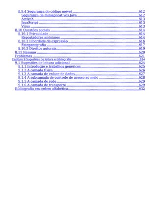 8.9.4 Segurança do código móvel .................................................................612
Segurança de miniaplicativos Java .............................................................612
ActiveX .......................................................................................................613
JavaScript ...................................................................................................613
Vírus ...........................................................................................................613
8.10 Questões sociais .......................................................................................614
8.10.1 Privacidade .........................................................................................614
Repostadores anônimos .............................................................................614
8.10.2 Liberdade de expressão .....................................................................616
Esteganografia ...........................................................................................617
8.10.3 Direitos autorais..................................................................................619
8.11 Resumo .....................................................................................................620
Problemas .........................................................................................................621
Capítulo 9.Sugestões de leitura e bibliografia ............................................................................... .624
9.1 Sugestões de leitura adicional ....................................................................624
9.1.1 Introdução e trabalhos genéricos .........................................................625
9.1.2 A camada física .....................................................................................626
9.1.3 A camada de enlace de dados...............................................................627
9.1.4 A subcamada de controle de acesso ao meio .......................................628
9.1.5 A camada de rede .................................................................................629
9.1.6 A camada de transporte .......................................................................629
Bibliografia em ordem alfabética......................................................................632
 