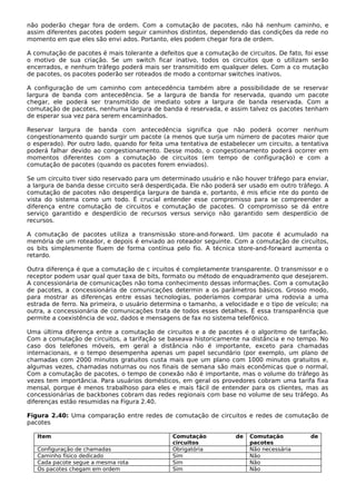 não poderão chegar fora de ordem. Com a comutação de pacotes, não há nenhum caminho, e
assim diferentes pacotes podem seguir caminhos distintos, dependendo das condições da rede no
momento em que eles são envi ados. Portanto, eles podem chegar fora de ordem.
A comutação de pacotes é mais tolerante a defeitos que a comutação de circuitos. De fato, foi esse
o motivo de sua criação. Se um switch ficar inativo, todos os circuitos que o utilizam serão
encerrados, e nenhum tráfego poderá mais ser transmitido em qualquer deles. Com a co mutação
de pacotes, os pacotes poderão ser roteados de modo a contornar switches inativos.
A configuração de um caminho com antecedência também abre a possibilidade de se reservar
largura de banda com antecedência. Se a largura de banda for reservada, quando um pacote
chegar, ele poderá ser transmitido de imediato sobre a largura de banda reservada. Com a
comutação de pacotes, nenhuma largura de banda é reservada, e assim talvez os pacotes tenham
de esperar sua vez para serem encaminhados.
Reservar largura de banda com antecedência significa que não poderá ocorrer nenhum
congestionamento quando surgir um pacote (a menos que surja um número de pacotes maior que
o esperado). Por outro lado, quando for feita uma tentativa de estabelecer um circuito, a tentativa
poderá falhar devido ao congestionamento. Desse modo, o congestionamento poderá ocorrer em
momentos diferentes com a comutação de circuitos (em tempo de configuração) e com a
comutação de pacotes (quando os pacotes forem enviados).
Se um circuito tiver sido reservado para um determinado usuário e não houver tráfego para enviar,
a largura de banda desse circuito será desperdiçada. Ele não poderá ser usado em outro tráfego. A
comutação de pacotes não desperdiça largura de banda e, portanto, é mis eficie nte do ponto de
vista do sistema como um todo. É crucial entender esse compromisso para se compreender a
diferença entre comutação de circuitos e comutação de pacotes. O compromisso se dá entre
serviço garantido e desperdício de recursos versus serviço não garantido sem desperdício de
recursos.
A comutação de pacotes utiliza a transmissão store-and-forward. Um pacote é acumulado na
memória de um roteador, e depois é enviado ao roteador seguinte. Com a comutação de circuitos,
os bits simplesmente fluem de forma contínua pelo fio. A técnica store-and-forward aumenta o
retardo.
Outra diferença é que a comutação de c ircuitos é completamente transparente. O transmissor e o
receptor podem usar qual quer taxa de bits, formato ou método de enquadramento que desejarem.
A concessionária de comunicações não toma conhecimento dessas informações. Com a comutação
de pacotes, a concessionária de comunicações determin a os parâmetros básicos. Grosso modo,
para mostrar as diferenças entre essas tecnologias, poderíamos comparar uma rodovia a uma
estrada de ferro. Na primeira, o usuário determina o tamanho, a velocidade e o tipo de veículo; na
outra, a concessionária de comunicações trata de todos esses detalhes. É essa transparência que
permite a coexistência de voz, dados e mensagens de fax no sistema telefônico.
Uma última diferença entre a comutação de circuitos e a de pacotes é o algoritmo de tarifação.
Com a comutação de circuitos, a tarifação se baseava historicamente na distância e no tempo. No
caso dos telefones móveis, em geral a distância não é importante, exceto para chamadas
internacionais, e o tempo desempenha apenas um papel secundário (por exemplo, um plano de
chamadas com 2000 minutos gratuitos custa mais que um plano com 1000 minutos gratuitos e,
algumas vezes, chamadas noturnas ou nos finais de semana são mais econômicas que o normal.
Com a comutação de pacotes, o tempo de conexão não é importante, mas o volume do tráfego às
vezes tem importância. Para usuários domésticos, em geral os provedores cobram uma tarifa fixa
mensal, porque é menos trabalhoso para eles e mais fácil de entender para os clientes, mas as
concessionárias de backbones cobram das redes regionais com base no volume de seu tráfego. As
diferenças estão resumidas na Figura 2.40.
Figura 2.40: Uma comparação entre redes de comutação de circuitos e redes de comutação de
pacotes
Item Comutação de
circuitos
Comutação de
pacotes
Configuração de chamadas Obrigatória Não necessária
Caminho físico dedicado Sim Não
Cada pacote segue a mesma rota Sim Não
Os pacotes chegam em ordem Sim Não
 