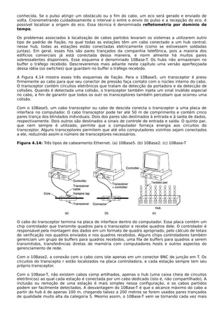 conhecida. Se o pulso atingir um obstáculo ou o fim do cabo, um eco será gerado e enviado de
volta. Cronometrando cuidadosamente o interval o entre o envio do pulso e a recepção do eco, é
possível localizar a origem do eco. Essa técnica é denominada refletometria por domínio de
tempo.
Os problemas associados à localização de cabos partidos levaram os sistemas a utilizarem outro
tipo de padrão de fiação, no qual todas as estações têm um cabo conectado a um hub central;
nesse hub, todas as estações estão conectadas eletricamente (como se estivessem soldadas
juntas). Em geral, esses fios são pares trançados da companhia telefônica, pois a maioria dos
edifícios comerciais já está conectada dessa maneira, e norm almente há muitos pares
sobressalentes disponíveis. Esse esquema é denominado 10Base-T. Os hubs não armazenam no
buffer o tráfego recebido. Descreveremos mais adiante neste capítulo uma versão aperfeiçoada
dessa idéia (os switches) que guardam no buffer o tráfego recebido.
A Figura 4.14 mostra esses três esquemas de fiação. Para o 10Base5, um transceptor é preso
firmemente ao cabo para que seu conector de pressão faça contato com o núcleo interno do cabo.
O transceptor contém circuitos eletrônicos que tratam da detecção da portadora e da detecção de
colisões. Quando é detectada uma colisão, o transceptor também injeta um sinal inválido especial
no cabo, a fim de garantir que todos os outr os transceptores também percebam que ocorreu uma
colisão.
Com o 10Base5, um cabo transceptor ou cabo de descida conecta o transceptor a uma placa de
interface no computador. O cabo transceptor pode ter até 50 m de comprimento e contém cinco
pares trança dos blindados individuais. Dois dos pares são destinados à entrada e à saída de dados,
respectivamente. Dois outros são destinados a sinais de controle de entrada e saída. O quinto par,
que nem sempre é utilizado, permite que o computador forneça energia aos circuitos do
transceptor. Alguns transceptores permitem que até oito computadores vizinhos sejam conectados
a ele, reduzindo assim o número de transceptores necessários.
Figura 4.14: Três tipos de cabeamento Ethernet. (a) 10Base5. (b) 10Base2. (c) 10Base-T
O cabo do transceptor termina na placa de interface dentro do computador. Essa placa contém um
chip controlador que transmite quadros para o transceptor e recebe quadros dele. O controlador é
responsável pela montagem dos dados em um formato de quadro apropriado, pelo cálculo de totais
de verificação nos quadros enviados e nos quadros recebidos. Alguns chips controladores também
gerenciam um grupo de buffers para quadros recebidos, uma fila de buffers para quadros a serem
transmitidos, transferências diretas de memória com computadores hosts e outros aspectos do
gerenciamento de rede.
Com o 10Base2, a conexão com o cabo cons iste apenas em um conector BNC de junção em T. Os
circuitos do transcepto r estão localizados na placa controladora, e cada estação sempre tem seu
próprio transceptor.
Com o 10Base-T, não existem cabos comp artilhados, apenas o hub (uma caixa cheia de circuitos
eletrônicos) ao qual cada estação é conectada por um cabo dedicado (isto é, não compartilhado). A
inclusão ou remoção de uma estação é mais simples nessa configuração, e os cabos partidos
podem ser facilmente detectados. A desvantagem do 10Base-T é que o alcance máximo do cabo a
partir do hub é de apenas 100 m, chegando talvez a 200 metros se forem usados pares trançados
de qualidade muito alta da categoria 5. Mesmo assim, o 10Base-T vem se tornando cada vez mais
 