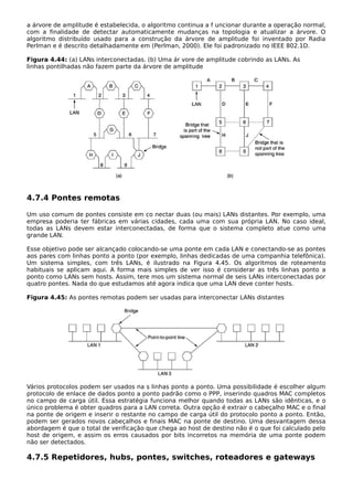 a árvore de amplitude é estabelecida, o algoritmo continua a f uncionar durante a operação normal,
com a finalidade de detectar automaticamente mudanças na topologia e atualizar a árvore. O
algoritmo distribuído usado para a construção da árvore de amplitude foi inventado por Radia
Perlman e é descrito detalhadamente em (Perlman, 2000). Ele foi padronizado no IEEE 802.1D.
Figura 4.44: (a) LANs interconectadas. (b) Uma ár vore de amplitude cobrindo as LANs. As
linhas pontilhadas não fazem parte da árvore de amplitude
4.7.4 Pontes remotas
Um uso comum de pontes consiste em co nectar duas (ou mais) LANs distantes. Por exemplo, uma
empresa poderia ter fábricas em várias cidades, cada uma com sua própria LAN. No caso ideal,
todas as LANs devem estar interconectadas, de forma que o sistema completo atue como uma
grande LAN.
Esse objetivo pode ser alcançado colocando-se uma ponte em cada LAN e conectando-se as pontes
aos pares com linhas ponto a ponto (por exemplo, linhas dedicadas de uma companhia telefônica).
Um sistema simples, com três LANs, é ilustrado na Figura 4.45. Os algoritmos de roteamento
habituais se aplicam aqui. A forma mais simples de ver isso é considerar as três linhas ponto a
ponto como LANs sem hosts. Assim, tere mos um sistema normal de seis LANs interconectadas por
quatro pontes. Nada do que estudamos até agora indica que uma LAN deve conter hosts.
Figura 4.45: As pontes remotas podem ser usadas para interconectar LANs distantes
Vários protocolos podem ser usados na s linhas ponto a ponto. Uma possibilidade é escolher algum
protocolo de enlace de dados ponto a ponto padrão como o PPP, inserindo quadros MAC completos
no campo de carga útil. Essa estratégia funciona melhor quando todas as LANs são idênticas, e o
único problema é obter quadros para a LAN correta. Outra opção é extrair o cabeçalho MAC e o final
na ponte de origem e inserir o restante no campo de carga útil do protocolo ponto a ponto. Então,
podem ser gerados novos cabeçalhos e finais MAC na ponte de destino. Uma desvantagem dessa
abordagem é que o total de verificação que chega ao host de destino não é o que foi calculado pelo
host de origem, e assim os erros causados por bits incorretos na memória de uma ponte podem
não ser detectados.
4.7.5 Repetidores, hubs, pontes, switches, roteadores e gateways
 