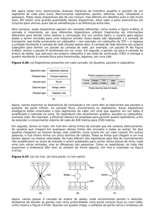 Até agora neste livro, examinamos diversas maneiras de transferir quadros e pacotes de um
segmento de cabo para outro. Mencionamos repetidores, pontes, switches, hubs, roteadores e
gateways. Todos esses dispositivos são de uso comum, mas diferem em detalhes sutis e não muito
sutis. Por existir uma grande quantidade desses dispositivos, deve valer a pena examiná-los em
conjunto para vermos quais são as semelhanças e as diferenças entre eles.
Para começar, esses dispositivos operam em camadas diferentes, como ilustra a Figura 4.46(a). A
camada é importante, po rque diferentes dispositivos utilizam fragmentos de informações
diferentes para decidir como realizar a comutação. Em um cenário típico, o usuário gera alguns
dados a serem enviados para uma máquina remota. Esses dados são repassado s à camada de
transporte, que então acrescenta um cabeçalho — por exemplo, um cabeçalho de TCP — e repassa
a unidade resultante à camada de rede situada abaixo dela. A camada de rede adiciona seu próprio
cabeçalho para formar um pacote da camada de rede, por exemplo, um pacote IP. Na Figura
4.46(b), vemos o pacote IP sombreado em cor cinza. Em seguida, o pacote vai para a camada de
enlace de dados, que adiciona seu próprio cabeçalho e seu total de verificação (CRC) e entrega o
quadro resultante à camada física para transmissão, digamos, por uma LAN.
Figura 4.46: (a) Dispositivos presentes em cada camada. (b) Quadros, pacotes e cabeçalhos
Agora, vamos examinar os dispositivos de comutação e ver como eles se relacionam aos pacotes e
quadros. Na parte inferior, na camada física, encontramos os repetidores. Esses dispositivos
analógicos estão conectados a dois segmentos de cabo. Um sinal que aparece em um deles é
amplificado e colocado no outro. Os repetidores não reconhecem quadros, pacotes ou cabeçalhos,
somente volts. Por exemplo, a Ethernet clássica foi projetada para permitir quatro repetidores, a fim
de estender o comprimento máximo de cabo de 500 metros para 2500 metros.
Em seguida, temos os hubs. Um hub tem várias linhas de entrada que ele conecta eletricamente.
Os quadros que chegam em quaisquer dessas linhas são enviados a todas as outras. Se dois
quadros chegarem ao mesmo tempo, eles colidirão, como ocorre em um cabo coaxial. Em outras
palavras, o hub inteiro forma um único domínio de colisão. Todas as linhas que chegam a um hub
devem operar na mesma velocidade. Os hubs diferem dos repetidores pelo fato de (normalmente)
não amplificarem os sinais de entrada e serem projetados para conter várias placas de linha, cada
uma com várias entradas, mas as diferenças são pequenas. Como os repetidores, os hubs não
examinam o endereços 802 nem os utilizam de forma alguma. Um hub é mostrado na Figura
4.47(a).
Figura 4.47: (a) Um hub. (b) Uma ponte. (c) Um switch
Agora, vamos passar à camada de enlace de dados, onde encontramos pontes e switches.
Acabamos de estudar as pontes com certa profundidade. Uma ponte conecta duas ou mais LANs,
como mostra a Figura 4.47(b). Quando um quadro chega, o software da ponte extrai o endereço de
 