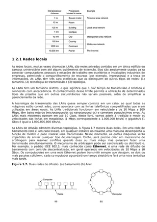 1.2.1 Redes locais
As redes locais, muitas vezes chamadas LANs, são redes privadas contidas em um único edifício ou
campus universitário com até alguns quilômetros de extensão. Elas são amplamente usadas pa ra
conectar computadores pessoais e estações de trabalho em escritórios e instalações industriais de
empresas, permitindo o compartilhamento de recursos (por exemplo, impressoras) e a troca de
informações. As LANs têm três cara cterísticas que as distinguem de outros tipos de redes: (1)
tamanho, (2) tecnologia de transmissão e (3) topologia.
As LANs têm um tamanho restrito, o que significa que o pior tempo de transmissão é limitado e
conhecido com antecedência. O conhecimento desse limite permite a utilização de determinados
tipos de projetos que em outras circunstâncias não seriam possíveis, além de simplificar o
gerenciamento da rede.
A tecnologia de transmissão das LANs quase sempre consiste em um cabo, ao qual todas as
máquinas estão conect adas, como acontece com as linhas telefônicas compartilhadas que eram
utilizadas em áreas rurais. As LANs tradicionais funcionam em velocidade s de 10 Mbps a 100
Mbps, têm baixo retardo (microssegundos ou nanossegund os) e cometem pouquíssimos erros. As
LANs mais modernas operam em até 10 Gbps. Neste livro, vamos aderir à tradição e medir as
velocidades das linhas em megabits/s (1 Mbps correspondente a 1.000.000 bits/s) e gigabits/s (1
Gbps é igual a 1.000.000.000 bits/s).
As LANs de difusão admitem diversas topologias. A Figura 1.7 mostra duas delas. Em uma rede de
barramento (isto é, um cabo linear), em qualquer instante no máximo uma máquina desempenha a
função de mestre e pode realizar uma transmissão. Nesse momento, as outras máquinas serão
impedidas de enviar qualquer tipo de mensagem. Então, será preciso criar um mecanismo de
arbitragem para resolver conflitos quando duas ou mais máqu inas quiserem fazer uma
transmissão simultaneamente. O mecanismo de arbitragem pode ser centralizado ou distribuíd o.
Por exemplo, o padrão IEEE 802.3, mais conhecido como Ethernet, é uma rede de difusão de
barramento com controle descentralizado, em geral operando em velocidades de 10 Mbps a 10
Gbps. Os computadores em uma rede Ethernet podem transmitir sempre que desejam; se dois ou
mais pacotes colidirem, cada co mputador aguardará um tempo aleatório e fará uma nova tentativa
mais tarde.
Figura 1.7. Duas redes de difusão. (a) Barramento (b) Anel
 
