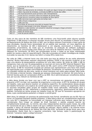 802.2 Controle de link lógico
802.3 * Ethernet
802.4 Token bus (barramento de símbolos; foi usado por algum tempo em unidades industriais)
802.5 Token ring (anel de símbolos, a entrada da IBM no mundo das LANs)
802.6 Fila dual barramento dual (primeira rede metropolitana)
802.7 Grupo técnico consultivo sobre tecnologias de banda larga
802.8 † Grupo técnico consultivo sobre tecnologias de fibra óptica
802.9 LANs isócronas (para aplicações de tempo real)
802.10 LANs virtuais e segurança
802.11 * LANs sem fios
802.12 Prioridade de demanda (AnyLAN da Hewlett Packard)
802.13 Número relacionado à má sorte. Ninguém o quis
802.14 Modems a cabo (extinto: um consórcio industrial conseguiu chegar primeiro)
802.15 * Redes pessoais (Bluetooth)
802.16 * Rádio de banda larga
802.17 Anel de pacote elástico
Cada um dos cerca de dez membros do IAB coordenou uma força-tarefa sobre alguma questão
importante. O IAB promov ia diversas reuniões anuais para discutir os resultados e prestar contas
ao Departamento de Defesa dos EUA e à NSF, que na época estavam financiando a maior parte de
suas atividades. Quando havia necessidade de um padrão (por exemplo, um novo algoritmo de
roteamento), os membros do IAB o elaboravam e, em seguida, anunciavam a mudança aos
estudantes universitários, de modo que os envolvidos na produção do software pudessem
implementá-lo. As comunicações eram feitas por uma série de relatórios técnicos, chamados RFCs
(Request For Comments). As RFCs são armazenados on-line, e todas as pe ssoas interessadas
podem ter acesso a elas em www.ietf.org/rfc. Elas são numeradas em ordem cronológica de criação,
e já estão na casa dos 3 mil. Vamos nos referir a muitas RFCs neste livro.
Por volta de 1989, a Internet havia cres cido tanto que teve de abdicar de seu estilo altamente
informal. Muitos fabricantes estavam oferecendo produtos TCP/IP e não queriam mudá-los só po
rque uma dezena de pesquisadores acreditava ter uma idéia melhor. No verão de 1989, o IAB se
reorganizou mais uma vez. Os pesquisadores se reuniram em torno da IRTF (Internet Research Task
Force), que se transformou em uma subs idiária do IAB, assim como a IETF (Internet Engineering
Task Force). O IAB foi novamente ocupado por pessoas que representavam uma faixa mais ampla
de organizações que a simples comunidade de pesquisa. Inicialmente, os membros do grupo teriam
um mandato indireto de dois anos, sendo os novos membros indi cados pelos antigos. Mais tarde,
foi 132criada a Internet Society, integrada por pessoas interessadas na Internet. De certa forma, a
Internet Society pode ser comparada à ACM ou ao IEEE. Ela é administrada por conselheiros eleitos
que, por sua vez, indicam os membros do IAB.
A idéia dessa divisão era fazer com que a IRTF se concentrasse em pesquisas a longo prazo,
enquanto a IETF iria lidar com questões de engenharia a curto prazo. A IETF foi dividida em grupos
de trabalho, cada qual deveria resolver um problema específico. Os coordenadores desses grupos
de trabalho formariam uma espécie de comitê geral para orientar o esforço de engenharia. Dentre
os assuntos estudados pelos grupos de trabalho estão novas aplicações, informações para o
usuário, integração do OSI, roteamento e endereçamento, segurança, gerenciamento de redes e
padrões. Formaram-se tantos grupos de trabalho (mais de 70) que foi necessário agrupá-los em
áreas, cujos coordenadores passaram a integrar o comitê geral.
Além disso, foi adotado um processo de padronização mais formal, semelhante aos da ISO. Para se
tornar um Proposed Standard (padrão proposto), a idéia básica deve ser completamente explicada
em uma RFC e despertar na comunidade um interesse suficiente para merecer algum tipo de
consideração. Para chegar ao estágio de Draft Standard, o padrão proposto precisa ser
completamente testado por, no mínimo, dois sites independentes durante quatro meses. Se o IAB
for convencido de que a idéia é viável e de que o software funciona, ele poderá atribuir à RFC em
questão o status de Internet Standard (padrão da Internet). Alguns padrõe s da Internet foram
adotados pelo Departamento de Defesa dos EUA (MIL-STD), tornando-se obriga tórios para seus
fornecedores. David Clark fez o seguinte comentário, hoje famoso, sobre a padronização da
Internet: "consenso rígido e código funcional".
1.7 Unidades métricas
 