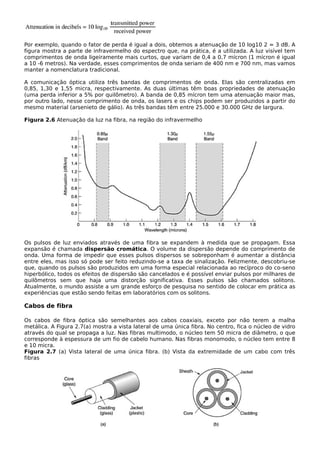Por exemplo, quando o fator de perda é igual a dois, obtemos a atenuação de 10 log10 2 = 3 dB. A
figura mostra a parte de infravermelho do espectro que, na prática, é a utilizada. A luz visível tem
comprimentos de onda ligeiramente mais curtos, que variam de 0,4 a 0,7 mícron (1 mícron é igual
a 10 -6 metros). Na verdade, esses comprimentos de onda seriam de 400 nm e 700 nm, mas vamos
manter a nomenclatura tradicional.
A comunicação óptica utiliza três bandas de comprimentos de onda. Elas são centralizadas em
0,85, 1,30 e 1,55 micra, respectivamente. As duas últimas têm boas propriedades de atenuação
(uma perda inferior a 5% por quilômetro). A banda de 0,85 mícron tem uma atenuação maior mas,
por outro lado, nesse comprimento de onda, os lasers e os chips podem ser produzidos a partir do
mesmo material (arsenieto de gálio). As três bandas têm entre 25.000 e 30.000 GHz de largura.
Figura 2.6 Atenuação da luz na fibra, na região do infravermelho
Os pulsos de luz enviados através de uma fibra se expandem à medida que se propagam. Essa
expansão é chamada dispersão cromática. O volume da dispersão depende do comprimento de
onda. Uma forma de impedir que esses pulsos dispersos se sobreponham é aumentar a distância
entre eles, mas isso só pode ser feito reduzindo-se a taxa de sinalização. Felizmente, descobriu-se
que, quando os pulsos são produzidos em uma forma especial relacionada ao recíproco do co-seno
hiperbólico, todos os efeitos de dispersão são cancelados e é possível enviar pulsos por milhares de
quilômetros sem que haja uma distorção significativa. Esses pulsos são chamados solitons.
Atualmente, o mundo assiste a um grande esforço de pesquisa no sentido de colocar em prática as
experiências que estão sendo feitas em laboratórios com os solitons.
Cabos de fibra
Os cabos de fibra óptica são semelhantes aos cabos coaxiais, exceto por não terem a malha
metálica. A Figura 2.7(a) mostra a vista lateral de uma única fibra. No centro, fica o núcleo de vidro
através do qual se propaga a luz. Nas fibras multimodo, o núcleo tem 50 micra de diâmetro, o que
corresponde à espessura de um fio de cabelo humano. Nas fibras monomodo, o núcleo tem entre 8
e 10 micra.
Figura 2.7 (a) Vista lateral de uma única fibra. (b) Vista da extremidade de um cabo com três
fibras
 