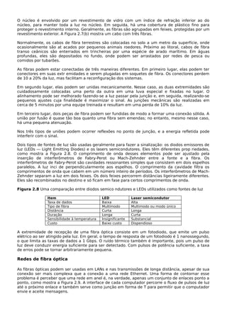 O núcleo é envolvido por um revestimento de vidro com um índice de refração inferior ao do
núcleo, para manter toda a luz no núcleo. Em seguida, há uma cobertura de plástico fino para
proteger o revestimento interno. Geralmente, as fibras são agrupadas em feixes, protegidas por um
revestimento exterior. A Figura 2.7(b) mostra um cabo com três fibras.
Normalmente, os cabos de fibra terrestres são colocadas no solo a um metro da superfície, onde
ocasionalmente são at acados por pequenos animais roedores. Próximo ao litoral, cabos de fibra
transo ceânicos são enterrados em trincheiras por uma espécie de arado marítimo. Em águas
profundas, eles são depositados no fundo, onde podem ser arrastados por redes de pesca ou
comidos por tubarões.
As fibras podem estar conectadas de três maneiras diferentes. Em primeiro lugar, elas podem ter
conectores em suas extr emidades e serem plugadas em soquetes de fibra. Os conectores perdem
de 10 a 20% da luz, mas facilitam a reconfiguração dos sistemas.
Em segundo lugar, elas podem ser unidas mecanicamente. Nesse caso, as duas extremidades são
cuidadosamente colocadas uma perto da outra em uma luva especial e fixadas no lugar. O
alinhamento pode ser melhorado fazendo-se a luz passar pela junção e, em seguida, realizando-se
pequenos ajustes cuja finalidade é maximizar o sinal. As junções mecânicas são realizadas em
cerca de 5 minutos por uma equipe treinada e resultam em uma perda de 10% da luz.
Em terceiro lugar, dois peças de fibra podem ser fundidas de modo a formar uma conexão sólida. A
união por fusão é quase tão boa quanto uma fibra sem emendas; no entanto, mesmo nesse caso,
há uma pequena atenuação.
Nos três tipos de uniões podem ocorrer reflexões no ponto de junção, e a energia refletida pode
interferir com o sinal.
Dois tipos de fontes de luz são usadas geralmente para fazer a sinalização: os diodos emissores de
luz (LEDs — Light Emitting Diodes) e os lasers semicondutores. Eles têm diferentes prop riedades,
como mostra a Figura 2.8. O comprimento de onda desses elementos pode ser ajustado pela
inserção de interferômetros de Fabry-Perot ou Mach-Zehnder entre a fonte e a fibra. Os
interferômetros de Fabry-Perot são cavidades ressonantes simples que consistem em dois espelhos
paralelos. A luz inci de perpendicularmente aos espelhos. O comprimento da cavidade filtra os
comprimentos de onda que cabem em um número inteiro de períodos. Os interferômetros de Mach-
Zehnder separam a luz em dois feixes. Os dois feixes percorrem distâncias ligeiramente diferentes.
Eles são recombinados no destino e só ficam em fase para certos comprimentos de onda.
Figura 2.8 Uma comparação entre diodos semico ndutores e LEDs utilizados como fontes de luz
Item LED Laser semicondutor
Taxa de dados Baixa Alta
Tipo de fibra Multímodo Multimodo ou modo único
Distância Curta Longa
Duração Longa Curta
Sensibilidade à temperatura Insignificante Substancial
Custo Baixo custo Dispendioso
A extremidade de recepção de uma fibra óptica consiste em um fotodiodo, que emite um pulso
elétrico ao ser atingido pela luz. Em geral, o tempo de resposta de um fotodiodo é 1 nanossegundo,
o que limita as taxas de dados a 1 Gbps. O ruído térmico também é importante, pois um pulso de
luz deve conduzir energia suficiente para ser detectado. Com pulsos de potência suficiente, a taxa
de erros pode se tornar arbitrariamente pequena.
Redes de fibra óptica
As fibras ópticas podem ser usadas em LANs e nas transmissões de longa distância, apesar de sua
conexão ser mais complexa que a conexão a uma rede Ethernet. Uma forma de contornar esse
problema é perceber que uma rede em anel é, na verdade, apenas um conjunto de enlaces ponto a
ponto, como mostra a Figura 2.9. A interface de cada computador percorre o fluxo de pulsos de luz
até o próximo enlace e também serve como junção em forma de T para permitir que o computador
envie e aceite mensagens.
 