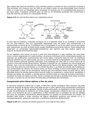 São usados dois tipos de interfaces. Uma interface passiva consiste em dois conectores fundidos à
fibra principal. Um conector tem um LED ou um diodo a laser na sua extremidade (para transmi
ssão), e o outro tem um fotodiodo (para recepção). O conector em si é completamente passivo e,
por essa razão, é bastante confiável, pois um LED ou um fotodiodo quebrado não compromete o
anel. No máximo, ele deixa um computador off-line.
Figura 2.9 Um anel de fibra óptica com repetidores ativos
O outro tipo de interface, mostrado na Figura 2.9, é o repetidor ativo. A luz recebida é convertida
em um sinal elétrico, tem sua capacidade regenerada caso ela tenha sido enfraquecida e é
retransmitida na forma de luz. A interface com o computador é um fio de cobre comum que passa
pelo regenerador de sinal. Já estão sendo usados repetidores puramente ópticos. Esses dispositivos
dispensam as conversões ópticas/elétricas/ópticas; isso significa que eles podem operar em
larguras de banda extremamente altas.
Se um repetidor ativo entrar em pane, o anel será interrompido e a rede, desfeita. Por outro lado,
como o sinal é regenerado em cada interface, os enlaces individuais entre computadores podem se
estender por quilômetros, praticamente sem limite sobre o tamanho total do anel. As interfaces
passivas perdem luz em cada junção; por isso, o número total de computadores e o tamanho total
do anel acabam sofrendo grandes restrições. Uma topologia em anel não é a única forma de se
construir uma LAN usando fibras ópticas. Também é possível ter um hardware se comunicando por
difusão, com o uso da construção em estrela passiva da Figura 2.10. Nesse projeto, cada interface
tem uma fibra entre seu transmissor e um cilindro de sílica, e as fibras de entrada são fundidas em
uma extremidade do cilindro. Da mesma forma, as fibras fundidas à outra extremidade do cilindro
são conectadas a cada um dos receptores. Sempre que uma interface emite um pulso de luz, ele é
difundido dentro da estrela passiva para iluminar todos os receptores e, dessa forma, possibilitar a
difusão dos dados. Na verdade, a estrela passiva combina todos os sinais de entrada e transmite o
resultado da fusão em todas as linhas. Como a energia de entrada é dividida entre todas as linhas
de saída, o número de nós na rede é limitado pela sensibilidade dos fotodiodos.
Comparação entre fibras ópticas e fios de cobre
É instrutivo comparar a fibra com o cobre. A fibra tem muitas vantagens. Para começar, ela pode
gerenciar larguras de banda muito mais altas do que o cobre. Apenas essa característica justificaria
seu uso nas redes de última geração. Devido à baixa atenuação, os repetidores só são necessários
a cada 50 quilômetros de distância em linhas longas, comparada à distância de 5 km no caso do
cobre, uma economia de cust o significativa. A fibra também tem a vantagem de não ser afetada
por picos de voltagem, interferência eletromagnética ou quedas no fornecimento de energia. Ela
também está imune à ação corrosiva de alguns elementos químicos que pairam no ar e,
conseqüentemente, adapta-se muito bem a ambientes industriais desfavoráveis.
Figura 2.10 Uma conexão de estrela passiva em uma rede de fibra óptica
 