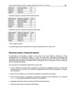 CURSO REDES DE COMPUTADORES - INTERNET E ARQUITETURA TCP/IP - PUC RIO/CCE                           24

202.0.0.0         eth1 (rota direta)        0
203.0.0.0         202.0.0.3                 1
204.0.0.0         203.0.0.3                 2
default           203.0.0.3                 --

A tabela de rotas para o roteador central é descrita abaixo:

Rede Destino      Roteador (Gateway)        Hops
202.0.0.0         eth0 (rota direta)        0
203.0.0.0         eth1 (rota direta)        0
201.0.0.0         202.0.0.2                 1
204.0.0.0         203.0.0.5                 1
default           203.0.0.5                 --

A tabela de rotas para o roteador da direita é descrita abaixo:

Rede Destino      Roteador (Gateway)        Hops
203.0.0.0         eth0 (rota direta)        0
204.0.0.0         eth1 (rota direta)        0
202.0.0.0         203.0.0.4                 1
201.0.0.0         203.0.0.4                 1
default           204.0.0.7**               --

** Não mostrado na figura.

A rota default geralmente é representada nos sistemas operacionais como a rede 0.0.0.0




Roteamento estático x Roteamento dinâmico

A alimentação das informações na tabela de rotas pode ser de modo estático ou dinâmico ou ambos
simultâneamente. Na alimentação estática, as rotas são preenchidas manualmente, geralmente pela
configuração inicial da máquina. Na alimentação dinâmica, protocolos como RIP, RIP2, OSPF ou BGP4 são
responsáveis pela aquisição de informações sobre a topologia da rede e a publicação de rotas na tabela de
rotas dos roteadores envolvidos.

Como exemplos de rotas definidas estaticamente, pode-se citar:

· Uma rota default (ou roteador default) configurado manualmente nas estações (caso típico da maioria das
  estações-cliente em uma rede. P.ex., Janela de configuração básica de TCP/IP em Windows 3.1, Windows
  95 e Windows NT

· Mais de uma rota default, com os roteadores configurados manualmente nas estações

· Rotas adicionais estáticas configuradas manualmente endereçando redes específicas. P.ex. Comando
  route add dos sistemas operacionais Windows 95 e Windows NT

· Roteadores descobertos através do protocolo ICMP Router Advertisement

· Rotas informadas através do protocolo ICMP Redirect
 