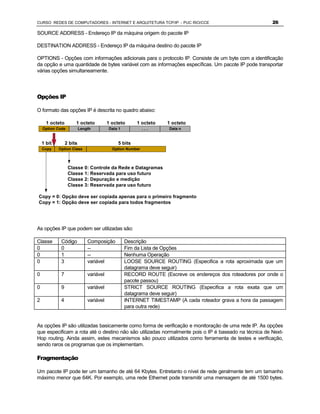 CURSO REDES DE COMPUTADORES - INTERNET E ARQUITETURA TCP/IP - PUC RIO/CCE                                26

SOURCE ADDRESS - Endereço IP da máquina origem do pacote IP

DESTINATION ADDRESS - Endereço IP da máquina destino do pacote IP

OPTIONS - Opções com informações adicionais para o protocolo IP. Consiste de um byte com a identificação
da opção e uma quantidade de bytes variável com as informações específicas. Um pacote IP pode transportar
várias opções simultaneamente.




Opções IP

O formato das opções IP é descrita no quadro abaixo:

      1 octeto        1 octeto           1 octeto      1 octeto   1 octeto
    Option Code           Length         Data 1            ...     Data n


    1 bit        2 bits                       5 bits
    Copy    Option Class                   Option Number



                  Classe 0: Controle da Rede e Datagramas
                  Classe 1: Reservada para uso futuro
                  Classe 2: Depuração e medição
                  Classe 3: Reservada para uso futuro

Copy = 0: Opção deve ser copiada apenas para o primeiro fragmento
Copy = 1: Opção deve ser copiada para todos fragmentos




As opções IP que podem ser utilizadas são:

Classe       Código           Composição          Descrição
0            0                --                  Fim da Lista de Opções
0            1                --                  Nenhuma Operação
0            3                variável            LOOSE SOURCE ROUTING (Especifica a rota aproximada que um
                                                  datagrama deve seguir)
0            7                variável            RECORD ROUTE (Escreve os endereços dos roteadores por onde o
                                                  pacote passou)
0            9                variável            STRICT SOURCE ROUTING (Especifica a rota exata que um
                                                  datagrama deve seguir)
2            4                variável            INTERNET TIMESTAMP (A cada roteador grava a hora da passagem
                                                  para outra rede)


As opções IP são utilizadas basicamente como forma de verificação e monitoração de uma rede IP. As opções
que especificam a rota até o destino não são utilizadas normalmente pois o IP é baseado na técnica de Next-
Hop routing. Ainda assim, estes mecanismos são pouco utilizados como ferramenta de testes e verificação,
sendo raros os programas que os implementam.

Fragmentação

Um pacote IP pode ter um tamanho de até 64 Kbytes. Entretanto o nível de rede geralmente tem um tamanho
máximo menor que 64K. Por exemplo, uma rede Ethernet pode transmitir uma mensagem de até 1500 bytes.
 