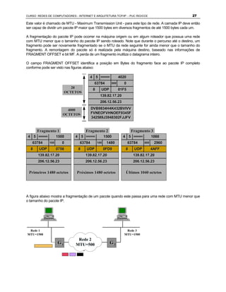 CURSO REDES DE COMPUTADORES - INTERNET E ARQUITETURA TCP/IP - PUC RIO/CCE                               27

Este valor é chamado de MTU - Maximum Transmission Unit - para este tipo de rede. A camada IP deve então
ser capaz de dividir um pacote IP maior que 1500 bytes em diversos fragmentos de até 1500 bytes cada um.

A fragmentação do pacote IP pode ocorrer na máquina origem ou em algum roteador que possua uma rede
com MTU menor que o tamanho do pacote IP sendo roteado. Note que durante o percurso até o destino, um
fragmento pode ser novamente fragmentado se o MTU da rede seguinte for ainda menor que o tamanho do
fragmento. A remontagem do pacote só é realizada pela máquina destino, baseado nas informações de
FRAGMENT OFFSET e bit MF. A perda de um fragmento inutiliza o datagrama inteiro.

O campo FRAGMENT OFFSET identifica a posição em Bytes do fragmento face ao pacote IP completo
conforme pode ser visto nas figuras abaixo:

                                          4 5       00000000         4020
                                              63784            000     0
                                20           8      UDP              01F5
                             OCTETOS
                                                   139.82.17.20
                                                   206.12.56.23

                             4000          DVB9834H4K432BVIVV
                           OCTETOS         FVNEOFVHNOEF9345F
                                           342589J3948302FJJFV


       Fragmento 1                     Fragmento 2                           Fragmento 3
 4 5   00000000         1500     4 5   00000000         1500           4 5     00000000         1060
   63784          100     0        63784          100    1480               63784         000    2960
  8     UDP             0756      8    UDP              0FD0            8      UDP              4AFF
       139.82.17.20                    139.82.17.20                           139.82.17.20
       206.12.56.23                    206.12.56.23                           206.12.56.23


 Primeiros 1480 octetos           Próximos 1480 octetos                 Últimos 1040 octetos




A figura abaixo mostra a fragmentação de um pacote quando este passa para uma rede com MTU menor que
o tamanho do pacote IP.




 Rede 1                                                                 Rede 3
MTU=1500                                                               MTU=1500
                                  Rede 2
                        G1       MTU=500                   G2
 