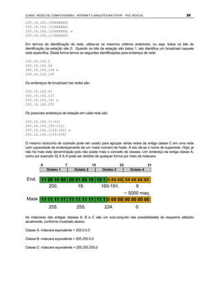 CURSO REDES DE COMPUTADORES - INTERNET E ARQUITETURA TCP/IP - PUC RIO/CCE                             29

200.18.160.[00XXXXXX]
200.18.160.[01XXXXXX]
200.18.160.[10XXXXXX] e
200.18.160.[11XXXXXX]

Em termos de identificação da rede, utiliza-se os mesmos critérios anteriores, ou seja, todos os bits de
identificação da estação são 0. Quando os bits da estação são todos 1, isto identifica um broadcast naquela
rede específica. Desta forma temos as seguintes identificações para endereço de rede:

200.18.160.0
200.18.160.64
200.18.160.128 e
200.18.160.192

Os endereços de broadcast nas redes são:

200.18.160.63
200.18.160.127
200.18.160.191 e
200.18.160.255

Os possíveis endereços de estação em cada rede são:

200.18.160.[1-62]
200.18.160.[65-126]
200.18.160.[129-190] e
200.18.160.[193-254]

O mesmo raciocínio de subrede pode ser usado para agrupar várias redes da antiga classe C em uma rede
com capacidade de endereçamento de um maior número de hosts. A isto dá-se o nome de superrede. Hoje, já
não há mais esta denominação pois não existe mais o conceito de classes. Um endereço da antiga classe A,
como por exemplo 32.X.X.X pode ser dividido de qualquer forma por meio da máscara.

         0               7                  15              23               31
             Octeto 1          Octeto 2          Octeto 3         Octeto 4

End.      11 00 10 00 00 01 00 10 10 1 X XX XX XX XX XX XX
             200.         18.       160-191.        X
                                          ~ 5000 maq.
Mask 11 11 11 11 11 11 11 11 11 1 0 00 00 00 00 00 00
              255.              255.              224.                0

As máscaras das antigas classes A, B e C são um sub-conjunto das possibilidades do esquema utilizado
atualmente, conforme mostrado abaixo:

Classe A: máscara equivalente = 255.0.0.0

Classe B: máscara equivalente = 255.255.0.0

Classe C: máscara equivalente = 255.255.255.0
 