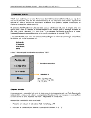 CURSO REDES DE COMPUTADORES - INTERNET E ARQUITETURA TCP/IP - PUC RIO/CCE                            4




 Protocolos TCP/IP

TCP/IP é um acrônimo para o termo Transmission Control Protocol/Internet Protocol Suite, ou seja é um
conjunto de protocolos, onde dois dos mais importantes (o IP e o TCP) deram seus nomes à arquitetura. O
protocolo IP, base da estrutura de comunicação da Internet é um protocolo baseado no paradigma de
chaveamento de pacotes (packet-switching).

Os protocolos TCP/IP podem ser utilizados sobre qualquer estriutura de rede, seja ela simples como uma
ligação ponto-a-ponto ou uma rede de pacotes complexa. Como exemplo, pode-se empregar estruturas de
rede como Ethernet, Token-Ring, FDDI, PPP, ATM, X.25, Frame-Relay, barramentos SCSI, enlaces de satélite,
ligações telefônicas discadas e várias outras como meio de comunicação do protocolo TCP/IP.

A arquitetura TCP/IP, assim como OSI realiza a divisão de funções do sistema de comunicação em estruturas
de camadas. Em TCP/IP as camadas são:

        Aplicação
        Tranporte
        Inter-Rede
        Rede

A figura 1 ilustra a divisão em camadas da arquitetura TCP/IP:




      Aplicação
                                               Mensagens da aplicação

     Transporte

      Inter-rede
                                               Datagramas IP

          Rede                             HDLC, X.25, PPP, SLIP,
                                           Ethernet, Token-Ring, FDDI,
                                           ATM, LLC, NDIS, ...




Camada de rede

A camada de rede é responsável pelo envio de datagramas construídos pela camada Inter-Rede. Esta camada
realiza também o mapeamento entre um endereço de identificação de nível Inter-rede para um endereço físico
ou lógico do nível de Rede. A camada Inter-Rede é independente do nível de Rede.

Alguns protocolos existentes nesta camada são:

· Protocolos com estrutura de rede própria (X.25, Frame-Relay, ATM)

· Protocolos de Enlace OSI (PPP, Ethernet, Token-Ring, FDDI, HDLC, SLIP, …)
 