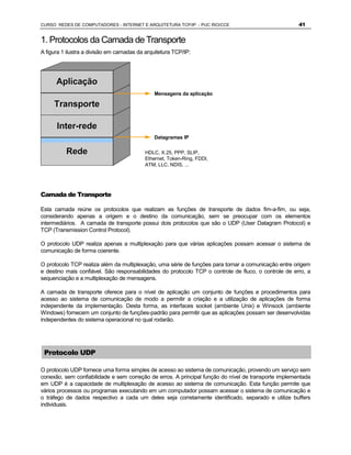 CURSO REDES DE COMPUTADORES - INTERNET E ARQUITETURA TCP/IP - PUC RIO/CCE                             41


1. Protocolos da Camada de Transporte
A figura 1 ilustra a divisão em camadas da arquitetura TCP/IP:




      Aplicação
                                               Mensagens da aplicação

     Transporte

      Inter-rede
                                               Datagramas IP

          Rede                             HDLC, X.25, PPP, SLIP,
                                           Ethernet, Token-Ring, FDDI,
                                           ATM, LLC, NDIS, ...




Camada de Transporte

Esta camada reúne os protocolos que realizam as funções de transporte de dados fim-a-fim, ou seja,
considerando apenas a origem e o destino da comunicação, sem se preocupar com os elementos
intermediários. A camada de transporte possui dois protocolos que são o UDP (User Datagram Protocol) e
TCP (Transmission Control Protocol).

O protocolo UDP realiza apenas a multiplexação para que várias aplicações possam acessar o sistema de
comunicação de forma coerente.

O protocolo TCP realiza além da multiplexação, uma série de funções para tornar a comunicação entre origem
e destino mais confiável. São responsabilidades do protocolo TCP o controle de fluco, o controle de erro, a
sequenciação e a multiplexação de mensagens.

A camada de transporte oferece para o nível de aplicação um conjunto de funções e procedimentos para
acesso ao sistema de comunicação de modo a permitir a criação e a utilização de aplicações de forma
independente da implementação. Desta forma, as interfaces socket (ambiente Unix) e Winsock (ambiente
Windows) fornecem um conjunto de funções-padrão para permitir que as aplicações possam ser desenvolvidas
independentes do sistema operacional no qual rodarão.




 Protocolo UDP

O protocolo UDP fornece uma forma simples de acesso ao sistema de comunicação, provendo um serviço sem
conexão, sem confiabilidade e sem correção de erros. A principal função do nível de transporte implementada
em UDP é a capacidade de multiplexação de acesso ao sistema de comunicação. Esta função permite que
vários processos ou programas executando em um computador possam acessar o sistema de comunicação e
o tráfego de dados respectivo a cada um deles seja corretamente identificado, separado e utilize buffers
individuais.
 