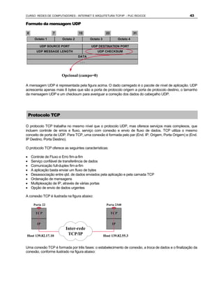CURSO REDES DE COMPUTADORES - INTERNET E ARQUITETURA TCP/IP - PUC RIO/CCE                             43

Formato da mensagem UDP

0                 7                15                 23                    31
       Octeto 1         Octeto 2          Octeto 3               Octeto 4

          UDP SOURCE PORT                 UDP DESTINATION PORT
        UDP MESSAGE LENGTH                    UDP CHECKSUM
                                   DATA
                                    ...



                       Opcional (campo=0)

A mensagem UDP é representada pela figura acima. O dado carregado é o pacote de nível de aplicação. UDP
acrescenta apenas mais 8 bytes que são a porta de protocolo origem a porta de protocolo destino, o tamanho
da mensagem UDP e um checksum para averiguar a correção dos dados do cabeçalho UDP.




    Protocolo TCP

O protocolo TCP trabalha no mesmo nível que o protocolo UDP, mas oferece serviços mais complexos, que
incluem controle de erros e fluxo, serviço com conexão e envio de fluxo de dados. TCP utiliza o mesmo
conceito de porta de UDP. Para TCP, uma conexão é formada pelo par (End. IP. Origem, Porta Origem) e (End.
IP Destino, Porta Destino).

O protocolo TCP oferece as seguintes características:

·    Controle de Fluxo e Erro fim-a-fim
·    Serviço confiável de transferência de dados
·    Comunicação full-duplex fim-a-fim
·    A aplicação basta enviar um fluxo de bytes
·    Desassociação entre qtd. de dados enviados pela aplicação e pela camada TCP
·    Ordenação de mensagens
·    Multiplexação de IP, através de várias portas
·    Opção de envio de dados urgentes

A conexão TCP é ilustrada na figura abaixo:

      Porta 22                                         Porta 2340

       TCP                                                 TCP

        IP                                                 IP
                          Inter-rede
Host 139.82.17.10          TCP/IP                    Host 139.82.55.3


Uma conexão TCP é formada por três fases: o estabelecimento de conexão, a troca de dados e o finalização da
conexão, conforme ilustrado na figura abaixo:
 