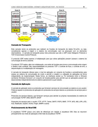 CURSO REDES DE COMPUTADORES - INTERNET E ARQUITETURA TCP/IP - PUC RIO/CCE                               6

     Host A                                                          Host A
                                   Mensagem
 Aplicação                          idêntica                        Aplicação
                                     Pacote
                                    idêntico
Transporte                                                          Transporte
                                  Roteador
 Inter-Rede      Datagrama       Inter-rede          Datagrama      Inter-Rede
                  idêntico                            idêntico


   Rede                        Rede       Rede                        Rede
                 Quadro                                 Quadro
                 idêntico                               idêntico



             Rede Física 1                          Rede Física 2


Camada de Transporte

Esta camada reúne os protocolos que realizam as funções de transporte de dados fim-a-fim, ou seja,
considerando apenas a origem e o destino da comunicação, sem se preocupar com os elementos
intermediários. A camada de transporte possui dois protocolos que são o UDP (User Datagram Protocol) e
TCP (Transmission Control Protocol).

O protocolo UDP realiza apenas a multiplexação para que várias aplicações possam acessar o sistema de
comunicação de forma coerente.

O protocolo TCP realiza, além da multiplexação, uma série de funções para tornar a comunicação entre origem
e destino mais confiável. São responsabilidades do protocolo TCP: o controle de fluxo, o controle de erro, a
sequenciação e a multiplexação de mensagens.

A camada de transporte oferece para o nível de aplicação um conjunto de funções e procedimentos para
acesso ao sistema de comunicação de modo a permitir a criação e a utilização de aplicações de forma
independente da implementação. Desta forma, as interfaces socket ou TLI (ambiente Unix) e Winsock
(ambiente Windows) fornecem um conjunto de funções-padrão para permitir que as aplicações possam ser
desenvolvidas independentemente do sistema operacional no qual rodarão.

Camada de Aplicação

A camada de aplicação reúne os protocolos que fornecem serviços de comunicação ao sistema ou ao usuário.
Pode-se separar os protocolos de aplicação em protocolos de serviços básicos ou protocolos de serviços para o
usuário:

Protocolos de serviços básicos, que fornecem serviços para atender as próprias necessidades do sistema de
comunicação TCP/IP: DNS, BOOTP, DHCP

Protocolos de serviços para o usuário: FTP, HTTP, Telnet, SMTP, POP3, IMAP, TFTP, NFS, NIS, LPR, LPD,
ICQ, RealAudio, Gopher, Archie, Finger, SNMP e outros

Posicionamento do Nível OSI

A arquitetura TCP/IP possui uma série de diferenças em relação à arquitetura OSI. Elas se resumem
principalmente nos níveis de aplicação e Inter-rede da arquitetura TCP/IP.
 