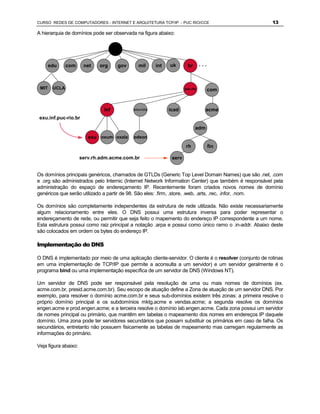 CURSO REDES DE COMPUTADORES - INTERNET E ARQUITETURA TCP/IP - PUC RIO/CCE                              13

A hierarquia de domínios pode ser observada na figura abaixo:


                                     root


       edu     com     net   org       gov      mil      int   uk       br       ...



 MIT    UCLA                                                           puc-rio         com



                               inf           telemídia         icad                acme
 exu.inf.puc-rio.br

                                                                             adm
                         exu oxum oxala      odeon

                                                                       rh              fin

                      serv.rh.adm.acme.com.br                   serv


Os domínios principais genéricos, chamados de GTLDs (Generic Top Level Domain Names) que são .net, .com
e .org são administrados pelo Internic (Internet Network Information Center) que também é responsável pela
administração do espaço de endereçamento IP. Recentemente foram criados novos nomes de domínio
genéricos que serão utilizado a partir de 98. São eles: .firm, .store, .web, .arts, .rec, .infor, .nom.

Os domínios são completamente independentes da estrutura de rede utilizada. Não existe necessariamente
algum relacionamento entre eles. O DNS possui uma estrutura inversa para poder representar o
endereçamento de rede, ou permitir que seja feito o mapemento do endereço IP correspondente a um nome.
Esta estrutura possui como raiz principal a notação .arpa e possui como único ramo o .in-addr. Abaixo deste
são colocados em ordem os bytes do endereço IP.

Implementação do DNS

O DNS é implementado por meio de uma aplicação cliente-servidor. O cliente é o resolver (conjunto de rotinas
em uma implementação de TCP/IP que permite a aconsulta a um servidor) e um servidor geralmente é o
programa bind ou uma implementação específica de um servidor de DNS (Windows NT).

Um servidor de DNS pode ser responsável pela resolução de uma ou mais nomes de domínios (ex.
acme.com.br, presid.acme.com.br). Seu escopo de atuação define a Zona de atuação de um servidor DNS. Por
exemplo, para resolver o domínio acme.com.br e seus sub-domínios existem três zonas: a primeira resolve o
próprio domínio principal e os subdomínios mktg.acme e vendas.acme; a segunda resolve os domínios
engen.acme e prod.engen.acme; e a terceira resolve o domínio lab.engen.acme. Cada zona possui um servidor
de nomes principal ou primário, que mantêm em tabelas o mapeamento dos nomes em endereços IP daquele
domínio. Uma zona pode ter servidores secundários que possam substituir os primários em caso de falha. Os
secundários, entretanto não possuem fisicamente as tabelas de mapeamento mas carregam regularmente as
informações do primário.

Veja figura abaixo:
 
