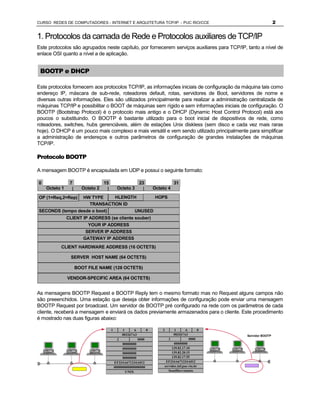 CURSO REDES DE COMPUTADORES - INTERNET E ARQUITETURA TCP/IP - PUC RIO/CCE                                             2


1. Protocolos da camada de Rede e Protocolos auxiliares de TCP/IP
Este protocolos são agrupados neste capítulo, por fornecerem serviços auxiliares para TCP/IP, tanto a nível de
enlace OSI quanto a nível a de aplicação.


 BOOTP e DHCP

Este protocolos fornecem aos protocolos TCP/IP, as informações iniciais de configuração da máquina tais como
endereço IP, máscara de sub-rede, roteadores default, rotas, servidores de Boot, servidores de nome e
diversas outras informações. Eles são utilizados principalmente para realizar a administração centralizada de
máquinas TCP/IP e possibilitar o BOOT de máquinas sem rígido e sem informações iniciais de configuração. O
BOOTP (Bootstrap Protocol) é o protocolo mais antigo e o DHCP (Dynamic Host Control Protocol) está aos
poucos o substituindo. O BOOTP é bastante utilizado para o boot inicial de dispositivos de rede, como
roteadores, switches, hubs gerenciáveis, além de estações Unix diskless (sem disco e cada vez mais raras
hoje). O DHCP é um pouco mais complexo e mais versátil e vem sendo utilizado principalmente para simplificar
a administração de endereços e outros parâmetros de configuração de grandes instalações de máquinas
TCP/IP.

Protocolo BOOTP

A mensagem BOOTP é encapsulada em UDP e possui o seguinte formato:

0               7                15                       23                    31
    Octeto 1          Octeto 2             Octeto 3                  Octeto 4

OP (1=Req,2=Rep)       HW TYPE    HLENGTH                             HOPS
                         TRANSACTION ID
SECONDS (tempo desde o boot)                          UNUSED
               CLIENT IP ADDRESS (se cliente souber)
                         YOUR IP ADDRESS
                        SERVER IP ADDRESS
                       GATEWAY IP ADDRESS
          CLIENT HARDWARE ADDRESS (16 OCTETS)

                 SERVER HOST NAME (64 OCTETS)

                    BOOT FILE NAME (128 OCTETS)

               VENDOR-SPECIFIC AREA (64 OCTETS)


As mensagens BOOTP Request e BOOTP Reply tem o mesmo formato mas no Request alguns campos não
são preeenchidos. Uma estação que deseja obter informações de configuração pode enviar uma mensagem
BOOTP Request por broadcast. Um servidor de BOOTP pré configurado na rede com os parâmetros de cada
cliente, receberá a mensagem e enviará os dados previamente armazenados para o cliente. Este procedimento
é mostrado nas duas figuras abaixo:

                                      1        1      6          0       2       1 Cliente6      0
                                               003267A3                         003267A3
                                                                                    BOOTP            Servidor BOOTP
                                           2              0000               2              0000
                                               00000000                          00000000
                                               00000000                        139.82.17.10
                                               00000000                        139.82.20.15
                                               00000000                        139.82.17.55
                                          EF234A671234A012                 EF234A671234A012
                                          000000000000000000              servidor.inf.puc-rio.br
                                                UNIX                         /bootfiles/vmunix
 