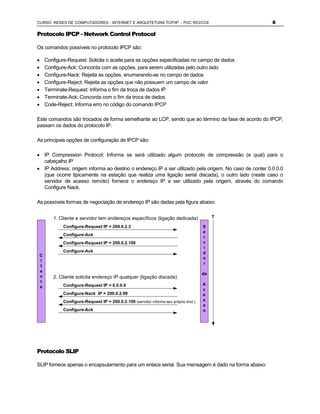 CURSO REDES DE COMPUTADORES - INTERNET E ARQUITETURA TCP/IP - PUC RIO/CCE                              8

Protocolo IPCP - Network Control Protocol

Os comandos possíveis no protocolo IPCP são:

·       Configure-Request: Solicita o aceite para as opções especificadas no campo de dados
·       Configure-Ack: Concorda com as opções, para serem utilizadas pelo outro lado
·       Configure-Nack: Rejeita as opções, enumerando-as no campo de dados
·       Configure-Reject: Rejeita as opções que não possuem um campo de valor
·       Terminate-Request: Informa o fim da troca de dados IP
·       Terminate-Ack: Concorda com o fim da troca de dados
·       Code-Reject: Informa erro no código do comando IPCP

Este comandos são trocados de forma semelhante ao LCP, sendo que ao término da fase de acordo do IPCP,
passam os dados do protocolo IP.

As principais opções de configuração de IPCP são:

· IP Compression Protocol: Informa se será utilizado algum protocolo de compressão (e qual) para o
  cabeçalho IP
· IP Address: origem informa ao destino o endereço IP a ser utilizado pela origem. No caso de conter 0.0.0.0
  (que ocorre tipicamente na estação que realiza uma ligação serial discada), o outro lado (neste caso o
  servidor de acesso remoto) fornece o endereço IP a ser utilizado pela origem, através do comando
  Configure Nack.

As possíveis formas de negociação de endereço IP são dadas pela figura abaixo:


           1. Cliente e servidor tem endereços específicos (ligação dedicada)                 T

                Configure-Request IP = 200.0.2.3                                         S
                                                                                         e
                Configure-Ack
                                                                                         r
                Configure-Request IP = 200.0.2.100                                       v
                                                                                         i
                Configure-Ack                                                            d
    C
                                                                                         o
    l
                                                                                         r
    I
    e
                                                                                         de
    n      2. Cliente solicita endereço IP qualquer (ligação discada)
    t
                Configure-Request IP = 0.0.0.0                                           A
    e
                                                                                         c
                Configure-Nack IP = 200.0.2.99                                           e
                Configure-Request IP = 200.0.2.100 (servidor informa seu próprio end.)   s
                                                                                         s
                Configure-Ack                                                            o




Protocolo SLIP

SLIP fornece apenas o encapsulamento para um enlace serial. Sua mensagem é dado na forma abaixo:
 