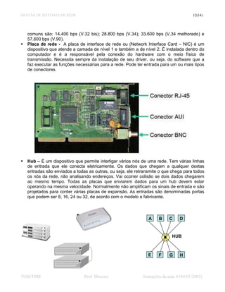 GESTÃO DE SISTEMAS DE REDE                                                             12(14)




   comuns são: 14.400 bps (V.32 bis); 28.800 bps (V.34); 33.600 bps (V.34 melhorado) e
   57.600 bps (V.90).
   Placa de rede - A placa de interface de rede ou (Network Interface Card – NIC) é um
   dispositivo que atende a camada de nível 1 e também a de nível 2. É instalada dentro do
   computador e é a responsável pela conexão do hardware com o meio físico de
   transmissão. Necessita sempre da instalação de seu driver, ou seja, do software que a
   faz executar as funções necessárias para a rede. Pode ter entrada para um ou mais tipos
   de conectores.




   Hub – É um dispositivo que permite interligar vários nós de uma rede. Tem várias linhas
   de entrada que ele conecta eletricamente. Os dados que chegam a qualquer destas
   entradas são enviados a todas as outras, ou seja, ele retransmite o que chega para todos
   os nós da rede, não analisando endereços. Vai ocorrer colisão se dois dados chegarem
   ao mesmo tempo. Todas as placas que enviarem dados para um hub devem estar
   operando na mesma velocidade. Normalmente não amplificam os sinais de entrada e são
   projetados para conter várias placas de expansão. As entradas são denominadas portas
   que podem ser 8, 16, 24 ou 32, de acordo com o modelo e fabricante.



                                                               A    B     C     D



                                                                           HUB



                                                               E    F     G     H



TGSI/FMR                       Prof. Moreira                Anotações da aula 4 (04/03/2005)
 