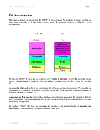 GESTÃO DE SISTEMAS DE REDE                                                             2(14)




Estrutura do modelo
Na figura a seguir, a arquitetura do TCP/IP é apresentada. Ao analisar a figura, verifica-se
que esse protocolo pode ser tratado como tendo 4 camadas. Veja a correlação com o
modelo OSI.



                             TCP / IP                     OSI


                          TCP/IP                          OSI

                                                      Aplicação

                         Aplicação                  Apresentação

                                                        Sessão
                         Transporte                   Transporte

                         Inter-Redes                     Rede

                          Host/rede                     Enlace
                                                        Física



O modelo TCP/IP é muito pouco explícito em relação à camada Host/rede. Apenas indica
que o host precisa se conectar à rede com algum protocolo que permita o envio de pacotes
IP.

A camada Inter-redes deve se encarregar da entrega correta dos pacotes IP, usando os
roteamentos necessários e evitando congestionamentos. Pode ser feita uma analogia com a
camada de rede do modelo OSI.

A camada de Transporte tem funções bastante semelhantes à camada de transporte OSI. É
responsável por pegar os dados enviados pela camada de Aplicação e dividi-los em pacotes
chamados datagramas.

O modelo TCP/IP não tem as camadas de sessão e de apresentação. A camada de
Aplicação contém todos os protocolos de nível mais alto.




TGSI/FMR                        Prof. Moreira               Anotações da aula 4 (04/03/2005)
 