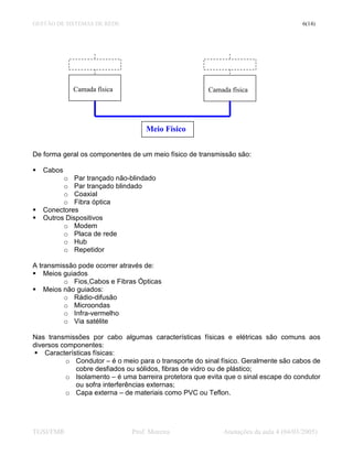 GESTÃO DE SISTEMAS DE REDE                                                            6(14)




            Camada física                             Camada física




                                   Meio Físico


De forma geral os componentes de um meio físico de transmissão são:

   Cabos
         o Par trançado não-blindado
         o Par trançado blindado
         o Coaxial
         o Fibra óptica
   Conectores
   Outros Dispositivos
         o Modem
         o Placa de rede
         o Hub
         o Repetidor

A transmissão pode ocorrer através de:
    Meios guiados
          o Fios,Cabos e Fibras Ópticas
    Meios não guiados:
          o Rádio-difusão
          o Microondas
          o Infra-vermelho
          o Via satélite

Nas transmissões por cabo algumas características físicas e elétricas são comuns aos
diversos componentes:
    Características físicas:
          o Condutor – é o meio para o transporte do sinal físico. Geralmente são cabos de
              cobre desfiados ou sólidos, fibras de vidro ou de plástico;
          o Isolamento – é uma barreira protetora que evita que o sinal escape do condutor
              ou sofra interferências externas;
          o Capa externa – de materiais como PVC ou Teflon.




TGSI/FMR                       Prof. Moreira               Anotações da aula 4 (04/03/2005)
 