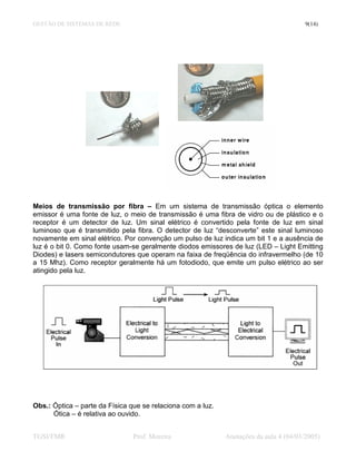 GESTÃO DE SISTEMAS DE REDE                                                              9(14)




Meios de transmissão por fibra – Em um sistema de transmissão óptica o elemento
emissor é uma fonte de luz, o meio de transmissão é uma fibra de vidro ou de plástico e o
receptor é um detector de luz. Um sinal elétrico é convertido pela fonte de luz em sinal
luminoso que é transmitido pela fibra. O detector de luz “desconverte” este sinal luminoso
novamente em sinal elétrico. Por convenção um pulso de luz indica um bit 1 e a ausência de
luz é o bit 0. Como fonte usam-se geralmente diodos emissores de luz (LED – Light Emitting
Diodes) e lasers semicondutores que operam na faixa de freqüência do infravermelho (de 10
a 15 Mhz). Como receptor geralmente há um fotodiodo, que emite um pulso elétrico ao ser
atingido pela luz.




Obs.: Óptica – parte da Física que se relaciona com a luz.
      Ótica – é relativa ao ouvido.


TGSI/FMR                        Prof. Moreira                Anotações da aula 4 (04/03/2005)
 