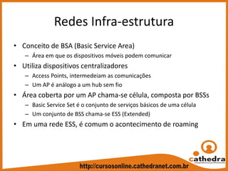 Redes Infra‐estrutura
• Conceito de BSA (Basic Service Area)
– Área em que os dispositivos móveis podem comunicar
• Utiliza dispositivos centralizadores
– Access Points, intermedeiam as comunicações
– Um AP é análogo a um hub sem fio
• Área coberta por um AP chama‐se célula, composta por BSSs
– Basic Service Set é o conjunto de serviços básicos de uma célula
– Um conjunto de BSS chama‐se ESS (Extended)
• Em uma rede ESS, é comum o acontecimento de roaming
 
