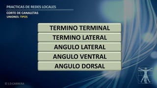 © J.D.CABRERA
PRACTICAS DE REDES LOCALES
CORTE DE CANALETAS
ANGULO DORSAL
ANGULO VENTRAL
ANGULO LATERAL
TERMINO LATERAL
TERMINO TERMINAL
UNIONES: TIPOS
 