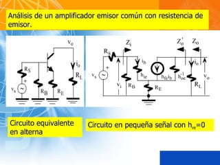 Análisis de un amplificador emisor común con resistencia de emisor. Circuito equivalente en alterna Circuito en pequeña señal con h re =0 