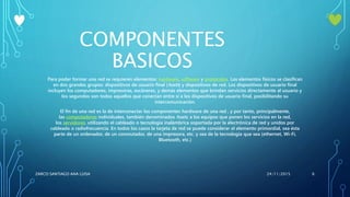 COMPONENTES
BASICOS
Para poder formar una red se requieren elementos: hardware, software y protocolos. Los elementos físicos se clasifican
en dos grandes grupos: dispositivos de usuario final (hosts) y dispositivos de red. Los dispositivos de usuario final
incluyen los computadores, impresoras, escáneres, y demás elementos que brindan servicios directamente al usuario y
los segundos son todos aquellos que conectan entre sí a los dispositivos de usuario final, posibilitando su
intercomunicación.
El fin de una red es la de interconectar los componentes hardware de una red , y por tanto, principalmente,
las computadoras individuales, también denominados hosts, a los equipos que ponen los servicios en la red,
los servidores, utilizando el cableado o tecnología inalámbrica soportada por la electrónica de red y unidos por
cableado o radiofrecuencia. En todos los casos la tarjeta de red se puede considerar el elemento primordial, sea ésta
parte de un ordenador, de un conmutador, de una impresora, etc. y sea de la tecnología que sea (ethernet, Wi-Fi,
Bluetooth, etc.)
24/11/2015ZARCO SANTIAGO ANA LUISA 6
 