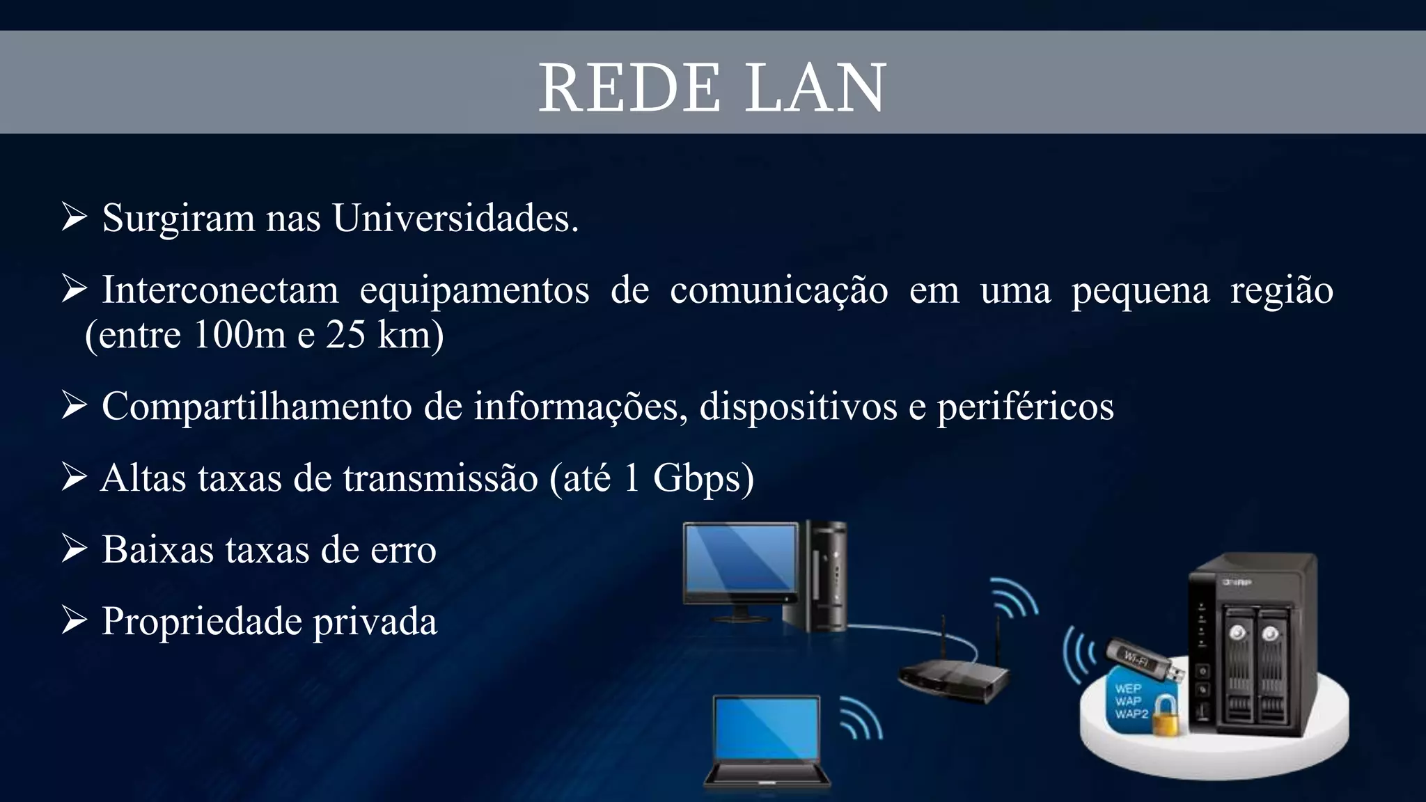  Surgiram nas Universidades.
 Interconectam equipamentos de comunicação em uma pequena região
(entre 100m e 25 km)
 Compartilhamento de informações, dispositivos e periféricos
 Altas taxas de transmissão (até 1 Gbps)
 Baixas taxas de erro
 Propriedade privada
REDE LAN
 