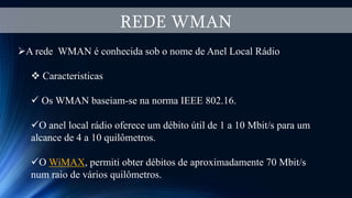 REDE WMAN
A rede WMAN é conhecida sob o nome de Anel Local Rádio
 Caracteristicas
 Os WMAN baseiam-se na norma IEEE 802.16.
O anel local rádio oferece um débito útil de 1 a 10 Mbit/s para um
alcance de 4 a 10 quilômetros.
O WiMAX, permiti obter débitos de aproximadamente 70 Mbit/s
num raio de vários quilômetros.
 