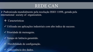 REDE CAN
 Padronizada mundialmente pela resolução ISSO 11898, gerada pela
international society of organization.
 Características
 Utilizada em aplicações industriais com alto índice de sucesso.
 Prioridade de mensagens.
 Tempo de latência garantido.
 Flexibilidade de configuração.
 Consistência dos dados.
 