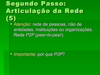 Segundo Passo:Segundo Passo:
Articulação da RedeArticulação da Rede
(5)(5)
 AtençãoAtenção: rede de pessoas, não de: rede de pessoas, não de
entidades, instituições ou organizações.entidades, instituições ou organizações.
RedeRede P2PP2P ((peer-to-peerpeer-to-peer).).
 ImportanteImportante: por que: por que P2PP2P??
 