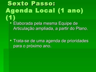 Sexto Passo:Sexto Passo:
Agenda Local (1 ano)
(1)
 Elaborada pela mesma Equipe deElaborada pela mesma Equipe de
Articulação ampliada, a partir do Plano.Articulação ampliada, a partir do Plano.
 Trata-se de uma agenda de prioridadesTrata-se de uma agenda de prioridades
para o próximo ano.para o próximo ano.
 