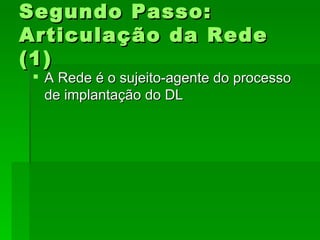 Segundo Passo:Segundo Passo:
Articulação da RedeArticulação da Rede
(1)(1)
 A Rede é o sujeito-agente do processoA Rede é o sujeito-agente do processo
de implantação do DLde implantação do DL
 
