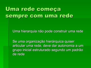 Uma rede começaUma rede começa
sempre com uma redesempre com uma rede
Uma hierarquia não pode construir uma redeUma hierarquia não pode construir uma rede
Se uma organização hierárquica quiserSe uma organização hierárquica quiser
articular uma rede, deve dar autonomia a umarticular uma rede, deve dar autonomia a um
grupo inicial estruturado segundo um padrãogrupo inicial estruturado segundo um padrão
de redede rede
 