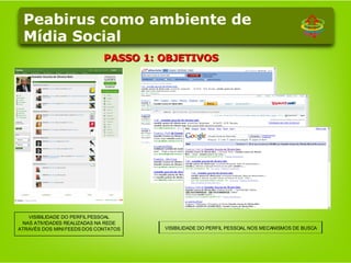 PASSO 1: OBJETIVOS VISIBILIDADE DO PERFIL PESSOAL NAS ATIVIDADES REALIZADAS NA REDE ATRAVÉS DOS MINI FEEDS DOS CONTATOS VISIBILIDADE DO PERFIL PESSOAL NOS MECANISMOS DE BUSCA Peabirus como ambiente de Mídia Social 