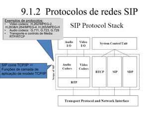 9.1.2 Protocolos de redes SIP
Exemplos de protocolos:
• Video codecs: H.262/MPEG-2,
H.263&H.264/MPEG-4, H.265/MPEG-H
• Audio codecs: G.711, G.723, G.729
• Transporte e controlo de Media:
RTP/RTCP
SIP corre TCP/IP 
Funções de camada de
aplicação de modelo TCP/IP
 