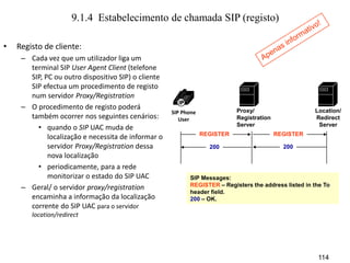 114
9.1.4 Estabelecimento de chamada SIP (registo)
• Registo de cliente:
– Cada vez que um utilizador liga um
terminal SIP User Agent Client (telefone
SIP, PC ou outro dispositivo SIP) o cliente
SIP efectua um procedimento de registo
num servidor Proxy/Registration
– O procedimento de registo poderá
também ocorrer nos seguintes cenários:
• quando o SIP UAC muda de
localização e necessita de informar o
servidor Proxy/Registration dessa
nova localização
• periodicamente, para a rede
monitorizar o estado do SIP UAC
– Geral/ o servidor proxy/registration
encaminha a informação da localização
corrente do SIP UAC para o servidor
location/redirect
SIP Messages:
REGISTER – Registers the address listed in the To
header field.
200 – OK.
Proxy/
Registration
Server
SIP Phone
User
Location/
Redirect
Server
REGISTER REGISTER
200
200
 