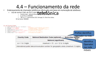 4.4 – Funcionamento da rede
telefónica
• Endereçamento de chamadas telefónicas efectuado com base em numeração de telefones:
– Uso de norma E.164 do ITU-T, com formato geral:
– Country Code – National Destination Code – Subscriber Nº
– Ex. 00 351 21 9999999
– “00” ou “+”: Internacional; 351: Portugal; 21: Área Fixo Lisboa;
Nº de Cliente: 9999999
Ex. de Country-Codes
1 : North America (US, CA, Caribbean) 1 digit
2 : Africa 2 or 3 digits 20 Egypt;27 South Africa; 244 Angola
3 : Europe 2 or 3 digits 31 Netherlands; 351Portugal
4 : Europe 2 or 3 digits 44 UK;49 Germany; 420 Czech Republic
5 : South America 2 or 3 digits 54 Argentina;595 Paraguay
6 : Australia & S Pacific 2 or 3 digits 61 Australia;675 Papua
7 : Russia 1 digit
8 : China & N Pacific 2 or 3 digits 86 PR China; 855 Cambodia
9 : Middle East 2 or 3 digits 90 Turkey; 972 Israel
Identifica
Operador
nas rede
móveis
Prefixo identifica
operador na rede
fixa
 