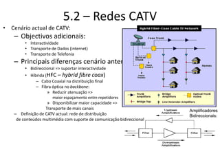5.2 – Redes CATV
• Cenário actual de CATV:
– Objectivos adicionais:
• Interactividade
• Transporte de Dados (internet)
• Transporte de Telefonia
– Principais diferenças cenário anterior:
• Bidireccional => suportar interactividade
• Híbrida (HFC – hybrid fibre coax)
– Cabo Coaxial na distribuição final
– Fibra óptica no backbone:
» Reduzir atenuação =>
maior espaçamento entre repetidores
» Disponibilizar maior capacidade =>
Transporte de mais canais
– Definição de CATV actual: rede de distribuição
de conteúdos multimédia com suporte de comunicação bidireccional
Amplificadores
Bidireccionais:
 