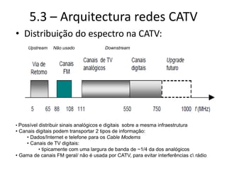 5.3 – Arquitectura redes CATV
• Distribuição do espectro na CATV:
Upstream Downstream
• Possível distribuir sinais analógicos e digitais sobre a mesma infraestrutura
• Canais digitais podem transportar 2 tipos de informação:
• Dados/Internet e telefone para os Cable Modems
• Canais de TV digitais:
• tipicamente com uma largura de banda de ~1/4 da dos analógicos
• Gama de canais FM geral/ não é usada por CATV, para evitar interferências c rádio
Não usado
 