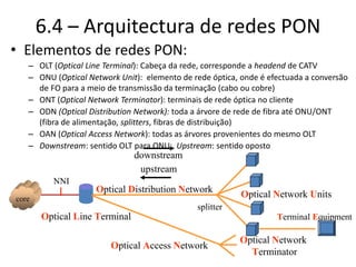 6.4 – Arquitectura de redes PON
• Elementos de redes PON:
– OLT (Optical Line Terminal): Cabeça da rede, corresponde a headend de CATV
– ONU (Optical Network Unit): elemento de rede óptica, onde é efectuada a conversão
de FO para a meio de transmissão da terminação (cabo ou cobre)
– ONT (Optical Network Terminator): terminais de rede óptica no cliente
– ODN (Optical Distribution Network): toda a árvore de rede de fibra até ONU/ONT
(fibra de alimentação, splitters, fibras de distribuição)
– OAN (Optical Access Network): todas as árvores provenientes do mesmo OLT
– Downstream: sentido OLT para ONU; Upstream: sentido oposto
downstream
Optical Network Units
upstream
Optical Distribution Network
NNI
Terminal Equipment
core
splitter
Optical Line Terminal
Optical Access Network
Optical Network
Terminator
 