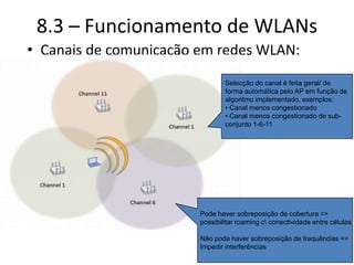 8.3 – Funcionamento de WLANs
• Canais de comunicação em redes WLAN:
Selecção do canal é feita geral/ de
forma automática pelo AP em função de
algoritmo implementado, exemplos:
• Canal menos congestionado
• Canal menos congestionado de sub-
conjunto 1-6-11
Pode haver sobreposição de cobertura =>
possibilitar roaming c conectividade entre células
Não pode haver sobreposição de frequências =>
Impedir interferências
 